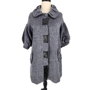 Australian Wool Puff Sleeve Gray Coat with Faux Leather Accents Fluffy Size Med